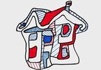 Artystyczne przedstawienie domu z kolorowymi oknami i dachami
