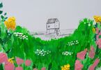 Praca przedstawiająca szkic domku, a poniżej zielony wieniec z kwiatów i trawy