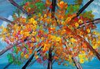 Praca namalowana farbami przedstawiająca drzewa i niebo