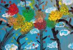 Praca namalowana farbami przedstawiająca drzewa i niebo