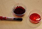 Próbówka i dwa pojemniczki z substancją przypominającą krew