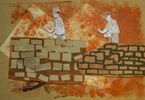 Praca przedstawiająca mężczyzn skupionych na murowaniu ściany