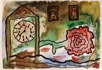 Zegar, róża i obrazy namalowane akwarelą