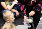 Kobieta w bluzce w kwiaty pokazuje dzieciom pożywienie dla jeży