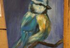 Praca przedstawiająca ptaka namalowanego akrylem