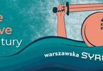 Baner z wodą i fragmentami symboli warszawskiej Syrenki