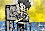 Kolorowa grafika z chłopcem grającym na pianinie
