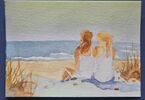 Zdjęcie: Kartka akwarelowa, dwie kobiety, siedzą tyłem, patrzą na morze