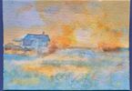 Zdjęcie: Kartka akwarelowa z zachodem słońca i domem