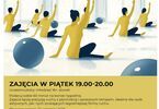 Grafika: Pilates, zajęcia piątek 19.00-20.00, grafika: postacie na podłodze przy piłkach gimnastycznych