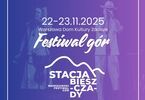 Grafika: Festiwal Gór 22-23 listopada, Stacja Bieszczady, fioletowa grafika z tłem zespołu wokalnego