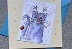 Zdjęcie: Kartka ze świątecznym kotem wykonana w technice akwarelowej
