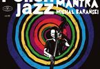 Grafika: Polish jazz, Masovian Mantra Michał Barański, młody mężczyzna z fragmentem kontrabasu, na tle kolorowych okręgów