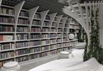 Zdjęcie: wnętrze biblioteki o nieco futurystycznej architekturze, na półkach książki