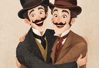 Zdjęcie: Grafika dwóch panów z wąsami w melonikach i w garniturach w objęciach na beżowym tle