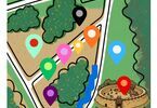 Mapka Piknik Archeologiczny, grafika z zaznaczonymi zielonymi obszarami, grodem i kolorowymi znacznikami,