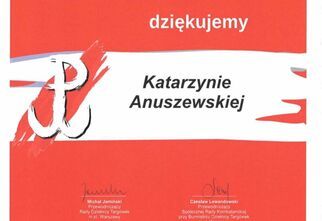 Plakat z podziękowaniami dla Katarzyny Anuszewskiej za udział w akcji Sztafeta Pamięci – 1944 km