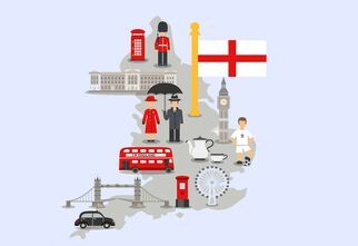 Grafika przedstawiająca Anglię i najbardziej charakterystyczne rzeczy, takie jak pałac buckingham, londo eye, budka telefoniczna, królowa, autobus dwupiętrowy, big ben, zestaw do herbaty.