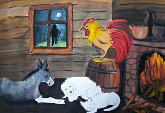 Ilustracja przedstawiająca wnętrze chaty ze zwirzętami: kogutem, koniem i psami