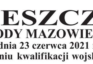 Napis: Obwieszczenie Wojewody Mazowieckiego z dnia 23 czerwca 2021 r. o przeprowadzeniu kwalifikacji wojskowej w 2021 r.