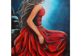 Obraz przedstawiający kobietę w czerwonej sukni zwróconą w kierunku światła