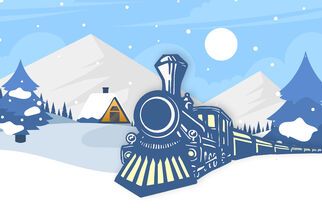 Grafika z zimowym krajobrazem i pociągiem