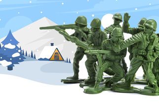 Grafika z zimowym krajobrazem i figurkami żołnierzy