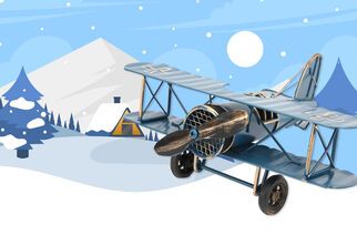 Grafika z zimowym krajobrazem i samolotem