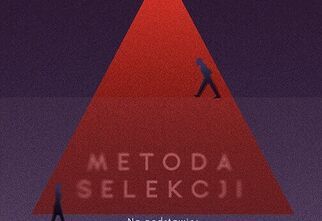 Plakat przedstawiający czerwony trójkąt i postacie wokół niego z informacjami o spektaklu