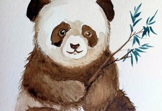 Siedząca panda trzymająca gałązkę bambusa