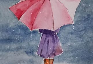 Postać odwróconej dziewczynki z różowym parasolem
