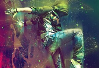 Chłopak tańczący, tło figury zielono-fioletowe. źródło: pixabay