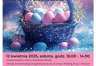 Grafika: koszyczek z jajkami w pastelowych kolorach, różowe tło. Blisko Tradycji  14 marca 2025 godz. 10.00-14.00