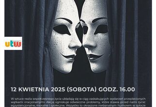 Plakat: Na czarnym tle dwie twarze kobiet patrzą na siebie