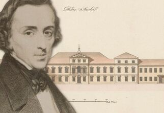 Zdjęcie: Portret mężczyzny na tle Pałacu Saskiego, foto: https://palacsaski.pl/historia/fryderyk-chopin-w-palacu-saskim