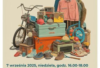 Plakat: Pchli Targ na Zaciszu, 7 września 2025, grafika z  rowerem, skrzyniami, butami,  ubraniami na wieszaku