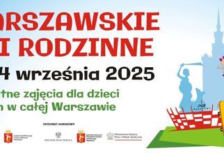 Warszawskie Dni Rodzinne, 12-14 września 2025, grafika: dwójka dzieci kobieta i mężczyzna, Stadion Narodowy, Pałac Kultury i Nauki i Syrenka Warszawska