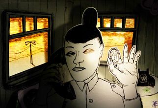 Foto: Kadr z filmu Zabij i wyjedź z tego miasta,  grafika z kobietą unoszącą lewą dłoń do góry