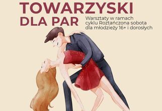 Grafika z tańczącą parą i ciemnoczerwonym napisem