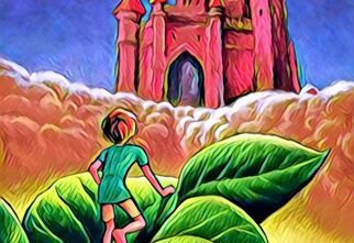 Grafika: chłopiec stojący na liściu fasoli, zerkający na duży, czerwony zamek