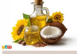 Plakat spotkania Klubu Zielarskiego. W buteleczce olej, obok pół kokosa i słoneczniki