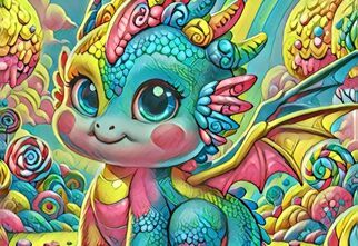 Grafika: kolorowy smok, z rzęsami, bujną czupryną