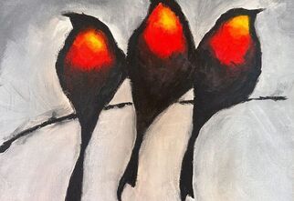 Zdjęcie: Ptaki siedzące na gałęzi na szarym tle, obraz w technice akrylu