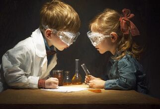 Zdjęcie: dziewczynka i chłopiec w okularach ochronnych, siedzący na przeciwko siebie, z probówkami w rękach