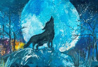 Zdjęcie: wilk na wzgórzu, pomiędzy drzewami, w tle drzewa, noc i światło księżyca, praca wykonana w technice akwareli