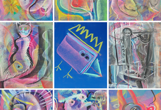 Kolaż dziewięciu prac namalowanych pastelami