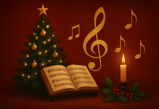 Zdjęcie: grafika przedstawiająca klucz wiolinowy w otoczeniu nut na bordowym tle, po lewej stronie choinka z otwartą księgą z nutami, po prawej świeczka