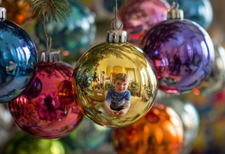 Zdjęcie: kolorowe bombki na choince, w jednej odbicie sylwetki dziecka