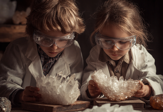 Zdjęcie: chłopiec i dziewczynka w okularach ochronnych pochyleni nad kryształami