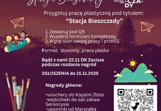 Grafika: plakat z tytułem Konkurs plastyczny dla dzieci, na bakłażanowym tle i górami w oddali, na dole pędzle trzymane w dłoni, po prawej stronie kod QR, na dole na białym pasku logo sponsorów, patronat